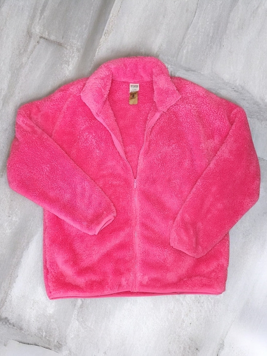 PINK Victoria's Secret Tops - PINK Victoria's Secret Bright Pink Plush Zip Jacket